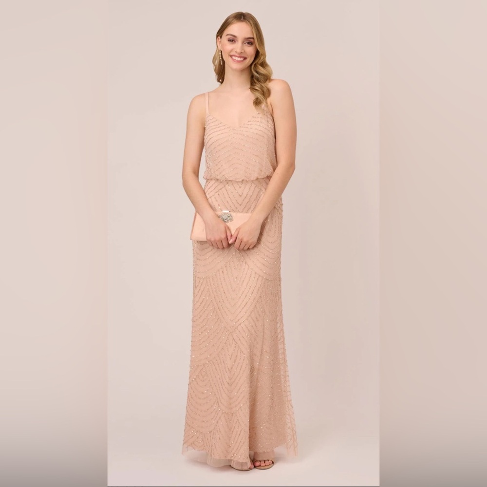 NWT Adrianna Papell - Art Deco Beaded Blouson Gown In Blush